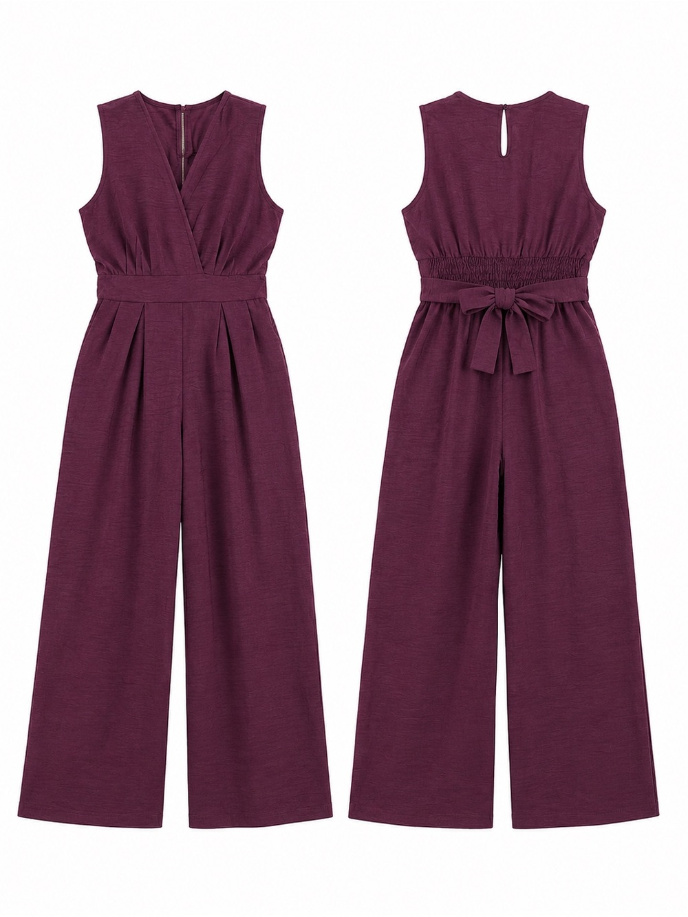 Wide Leg Culotte Jumpsuit Burgundy Pockets Stretchy Waist Bow Detail M-L
